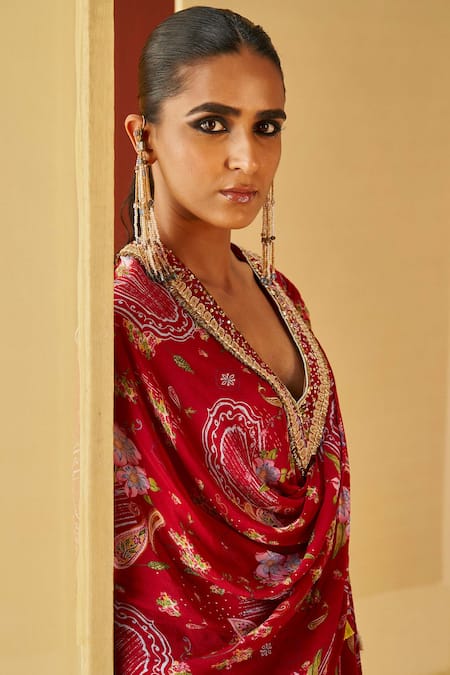 Priyanka Singh_Red Crepe Tassels, Embroidery V-neck Floral Print Draped Top And Pant Set _at_Aza_Fashions