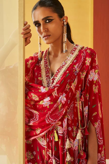 Buy_Priyanka Singh_Red Crepe Tassels, Embroidery V-neck Floral Print Draped Top And Pant Set 