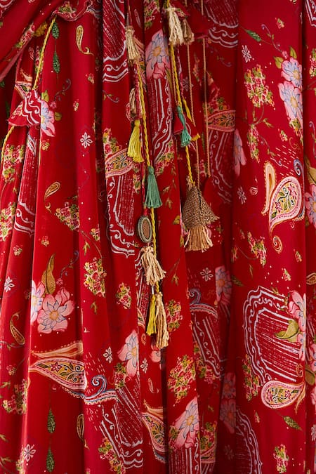 Shop_Priyanka Singh_Red Crepe Tassels, Embroidery V-neck Floral Print Draped Top And Pant Set 