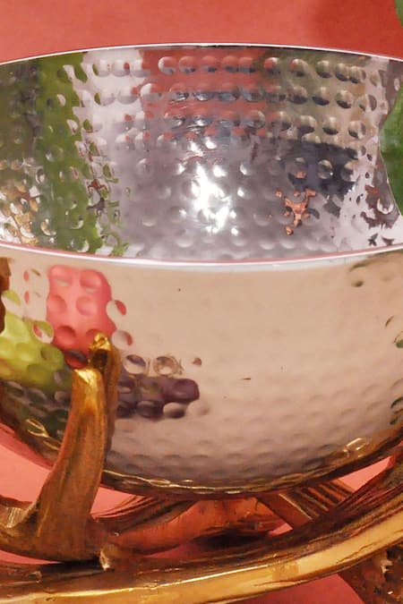 Assemblage_Silver Lightweight Metal And Iron With Nickle Plating, Hammered Bowl Twig Stand_Online_at_Aza_Fashions