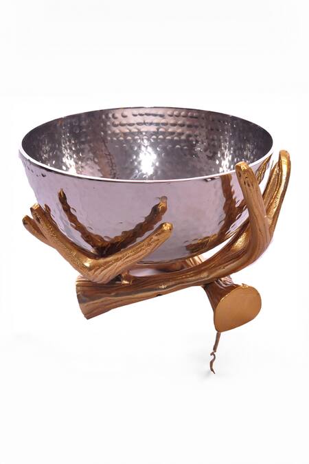 Buy_Assemblage_Silver Lightweight Metal And Iron With Nickle Plating, Hammered Bowl Twig Stand_Online_at_Aza_Fashions
