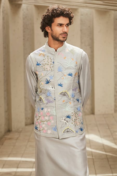 Buy_Matsya_Grey Chanderi Kurta And Pant Set _Online_at_Aza_Fashions