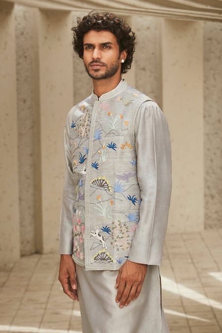 Shop_Matsya_Grey Chanderi Kurta And Pant Set _Online_at_Aza_Fashions