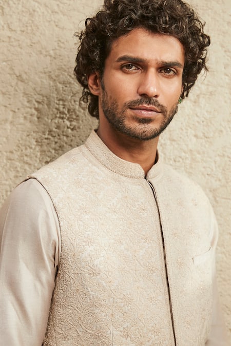 Matsya_Beige Chanderi Pure Straight Kurta And Pant Set _Online_at_Aza_Fashions