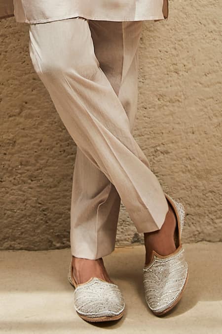 Buy_Matsya_Beige Chanderi Pure Straight Kurta And Pant Set _Online_at_Aza_Fashions