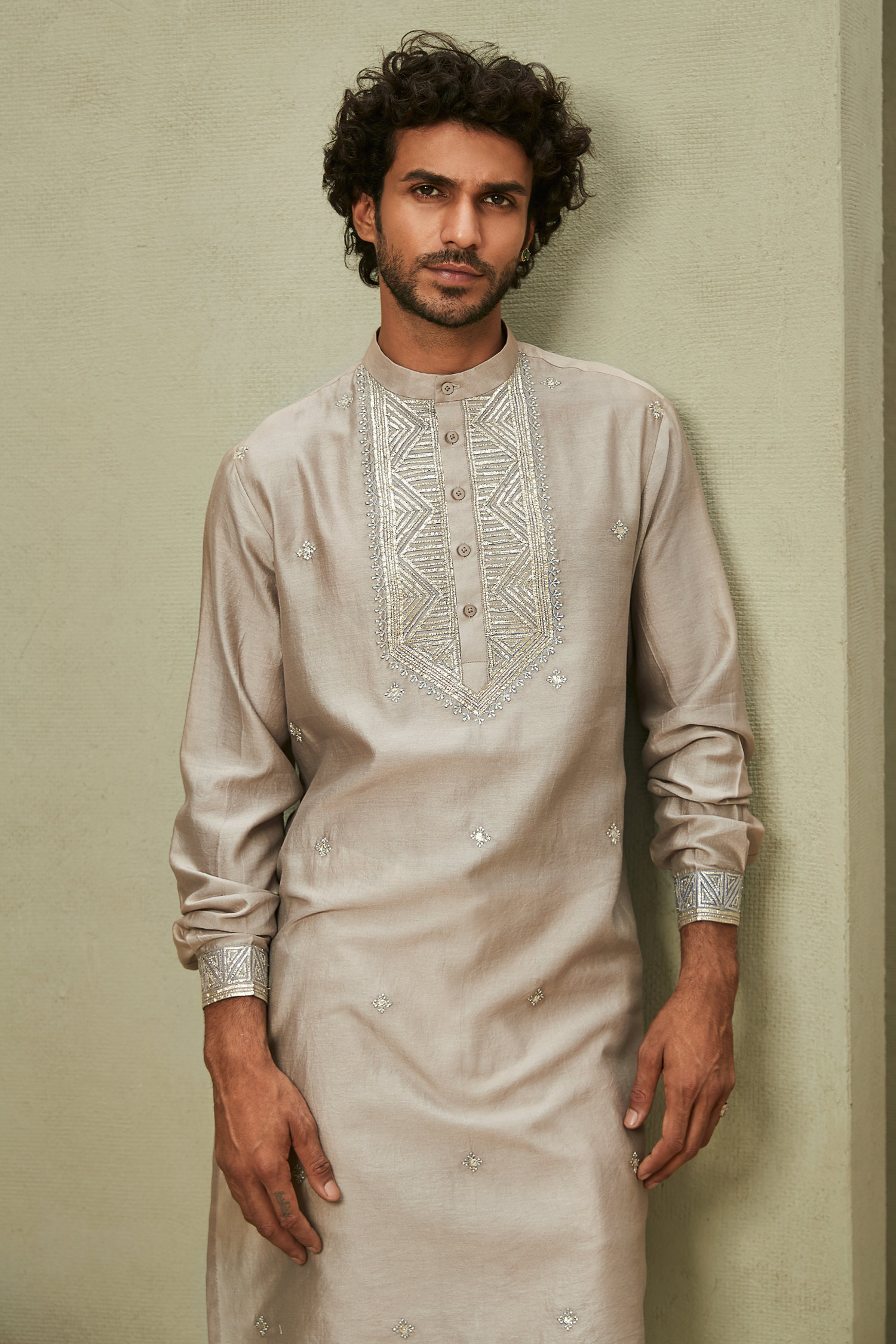 Buy_Matsya_Grey Chanderi, Cotton Gota Patti Work Kurta Set _Online_at_Aza_Fashions