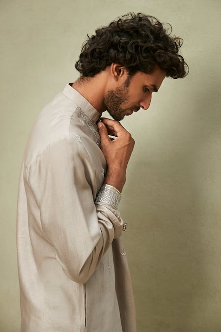 Shop_Matsya_Grey Chanderi, Cotton Gota Patti Work Kurta Set _Online_at_Aza_Fashions