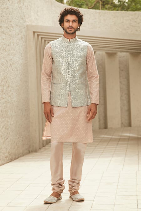 Matsya_Peach Chanderi Embroidery Heritage Pret Kurta Set _Online_at_Aza_Fashions
