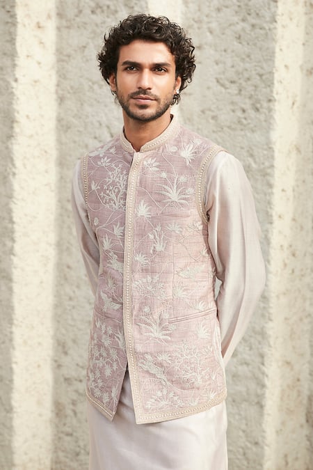 Buy Matsya Pink Silk Pearls Embroidered Jodhpuri Bundi Online at Aza Fashions Buy_Matsya_Pink Silk Pearls Embroidered Jodhpuri Bundi _Online_at_Aza_Fashions