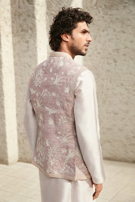 Shop Matsya Pink Silk Pearls Embroidered Jodhpuri Bundi Online at Aza Fashions Shop_Matsya_Pink Silk Pearls Embroidered Jodhpuri Bundi _Online_at_Aza_Fashions