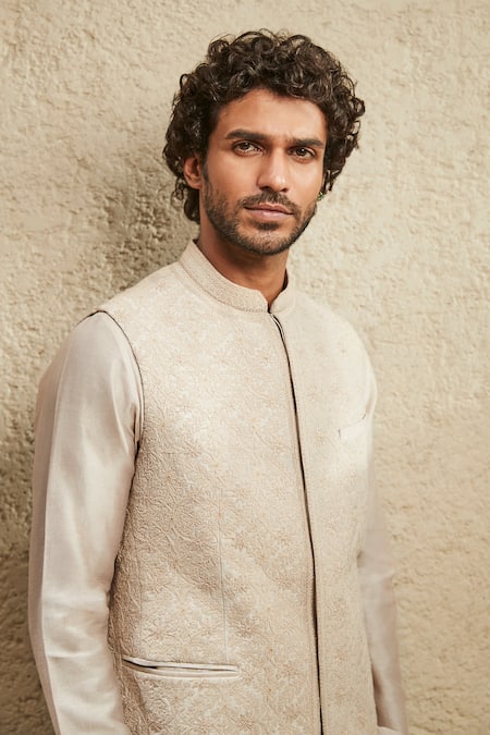 Matsya_Beige Silk Embroidery Raw Bundi _Online_at_Aza_Fashions