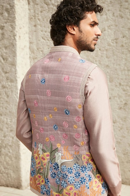 Buy_Matsya_Pink Silk Pearls Aari Embroidered Raw Jodhpuri Bundi _Online_at_Aza_Fashions