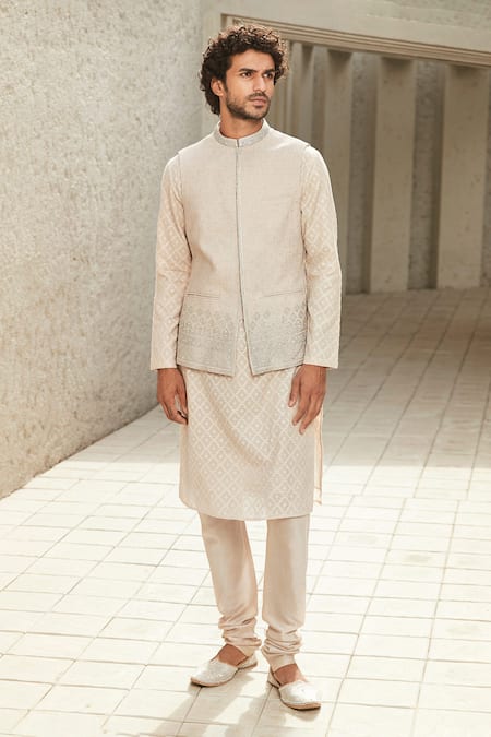 Matsya Off White Silk Gota Patti, Zari Minimal Embroidered Jodhpuri Bundi Online at Aza Fashions Matsya_Off White Silk Gota Patti, Zari Minimal Embroidered Jodhpuri Bundi _Online_at_Aza_Fashions