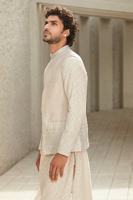 Buy Matsya Off White Silk Gota Patti, Zari Minimal Embroidered Jodhpuri Bundi Online at Aza Fashions Buy_Matsya_Off White Silk Gota Patti, Zari Minimal Embroidered Jodhpuri Bundi _Online_at_Aza_Fashions