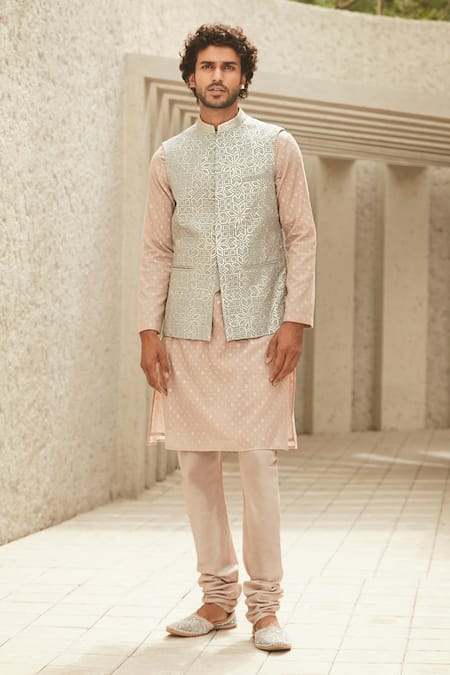 Matsya_White Linen Gota Patti, Zari Embroidered Jodhpuri Bundi _Online_at_Aza_Fashions