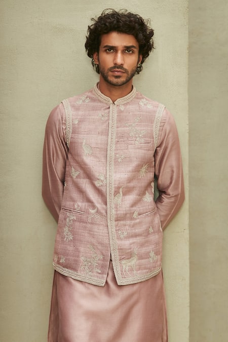 MATSYA Pink Raw Silk Embroidered Zari Dori Thread And Reimagined Jodhpuri Bundi 