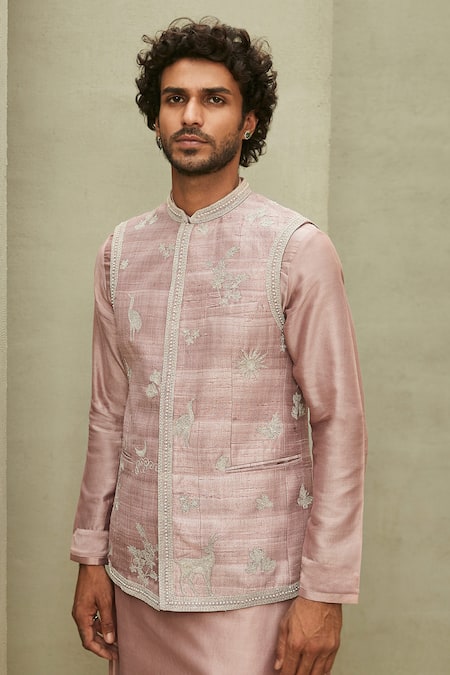 Matsya_Pink Silk Pearls Embroidered Raw Jodhpuri Bundi _Online_at_Aza_Fashions