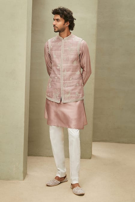 Buy_Matsya_Pink Silk Pearls Embroidered Raw Jodhpuri Bundi _Online_at_Aza_Fashions