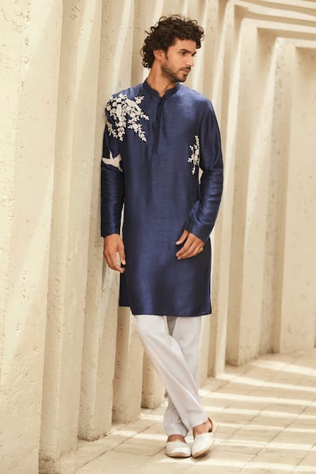 amzira Men Navy Blue Ethnic Motifs Embroidered Sequinned Kurta With Trousers  - Absolutely Desi