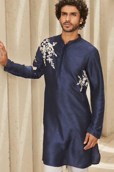 Matsya Blue Microfiber Embroidery Heritage Noir Placement Kurta Set Online at Aza Fashions Matsya_Blue Microfiber Embroidery Heritage Noir Placement Kurta Set _Online_at_Aza_Fashions