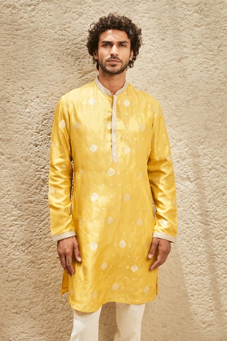 Buy_Matsya_Yellow , Organza, Cotton Zari Heritage Banarasi Woven Kurta Set _Online_at_Aza_Fashions