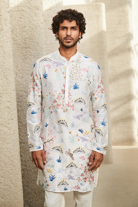 Buy_Matsya_Ivory Chanderi, Cotton Embroidery Spectrum Aari Kurta Set _Online_at_Aza_Fashions