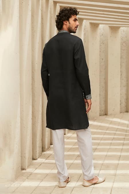 Matsya Winged Embroidered Placket Linen Kurta Set 