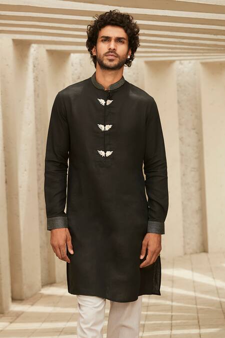 Matsya_Black Linen Embroidery Winged Placket Kurta Set _Online_at_Aza_Fashions