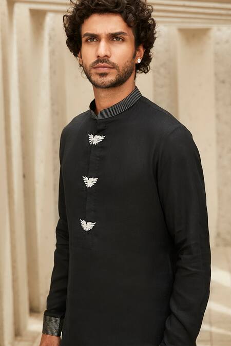 Buy_Matsya_Black Linen Embroidery Winged Placket Kurta Set _Online_at_Aza_Fashions