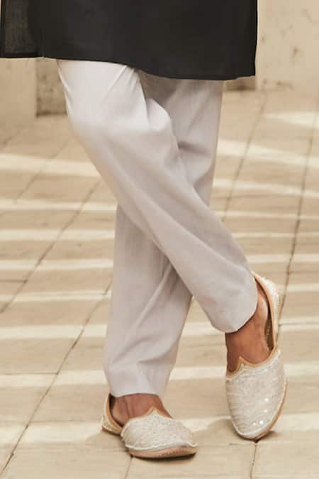 Shop_Matsya_Black Linen Embroidery Winged Placket Kurta Set _Online_at_Aza_Fashions