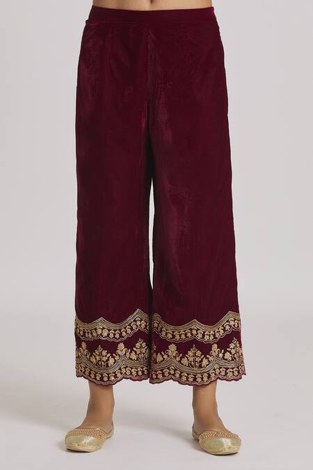Rahul Singh_Wine Velvet Embroidery V-neck Kurta And Pyjama Set _at_Aza_Fashions