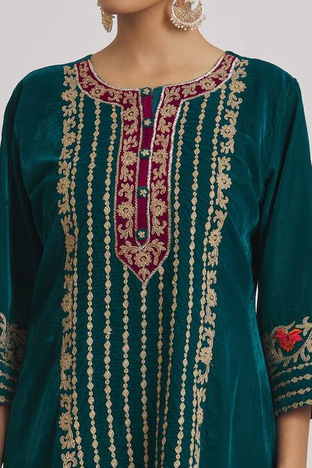 Shop_Rahul Singh_Blue Velvet Embroidery Round Neck Kurta And Pyjama Set _Online_at_Aza_Fashions