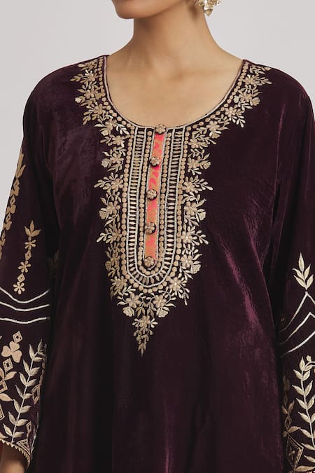 Shop Rahul Singh Wine Velvet Embroidery Round Neck Straight Kurta And Pyjama Set Online at Aza Fashions Shop_Rahul Singh_Wine Velvet Embroidery Round Neck Straight Kurta And Pyjama Set _Online_at_Aza_Fashions