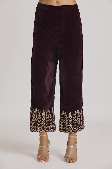 Rahul Singh Wine Velvet Embroidery Round Neck Straight Kurta And Pyjama Set at Aza Fashions Rahul Singh_Wine Velvet Embroidery Round Neck Straight Kurta And Pyjama Set _at_Aza_Fashions