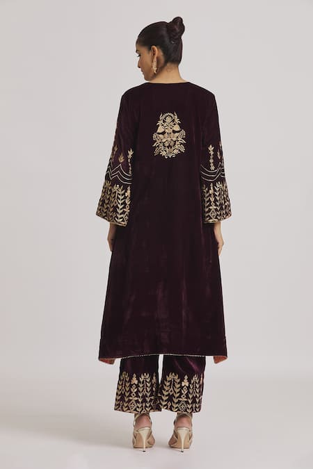 Rahul Singh Wine Velvet Embroidery Round Neck Straight Kurta And Pyjama Set Online at Aza Fashions Rahul Singh_Wine Velvet Embroidery Round Neck Straight Kurta And Pyjama Set _Online_at_Aza_Fashions