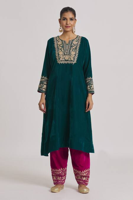 Buy Rahul Singh Blue Velvet Embroidery Split V-neck Kurta And Pyjama Set Online at Aza Fashions Buy_Rahul Singh_Blue Velvet Embroidery Split V-neck Kurta And Pyjama Set _Online_at_Aza_Fashions
