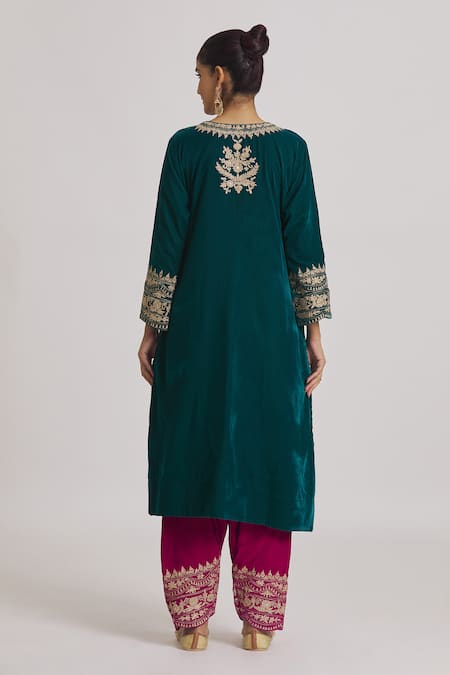 Rahul Singh Blue Velvet Embroidery Split V-neck Kurta And Pyjama Set Online at Aza Fashions Rahul Singh_Blue Velvet Embroidery Split V-neck Kurta And Pyjama Set _Online_at_Aza_Fashions