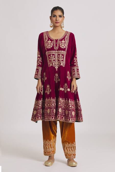 Buy Rahul Singh Red Velvet Embroidery Round Neck Anarkali Pyjama Set Online at Aza Fashions Buy_Rahul Singh_Red Velvet Embroidery Round Neck Anarkali Pyjama Set _Online_at_Aza_Fashions