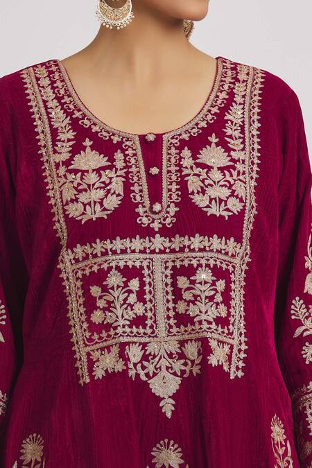 Shop Rahul Singh Red Velvet Embroidery Round Neck Anarkali Pyjama Set Online at Aza Fashions Shop_Rahul Singh_Red Velvet Embroidery Round Neck Anarkali Pyjama Set _Online_at_Aza_Fashions