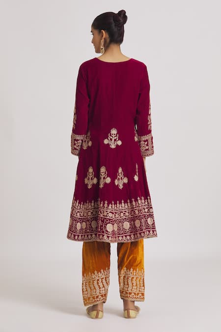 Rahul Singh Red Velvet Embroidery Round Neck Anarkali Pyjama Set Online at Aza Fashions Rahul Singh_Red Velvet Embroidery Round Neck Anarkali Pyjama Set _Online_at_Aza_Fashions