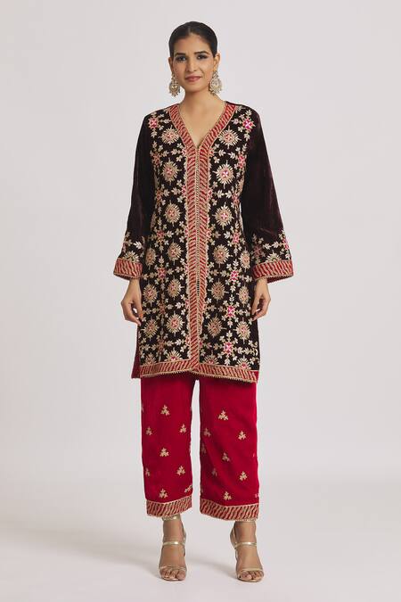 Buy Rahul Singh Multi Color Velvet Embroidery V-neck Kurta And Pyjama Set Online at Aza Fashions Buy_Rahul Singh_Multi Color Velvet Embroidery V-neck Kurta And Pyjama Set _Online_at_Aza_Fashions