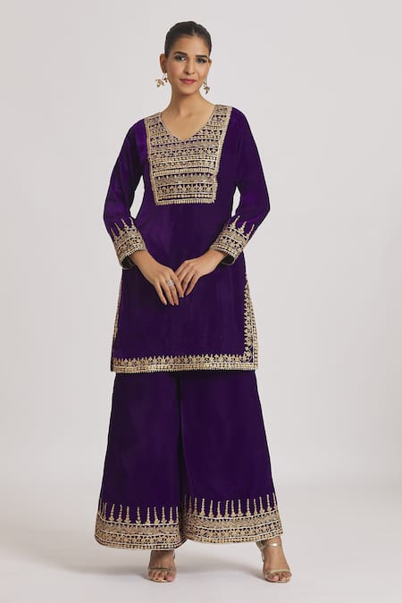Rahul Singh Purple Velvet Embroidery, Lace V-neck Kurta And Sharara Set