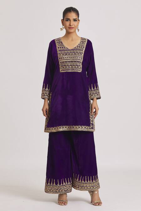 Buy Rahul Singh Purple Velvet Embroidery, Lace V-neck Kurta And Sharara Set Online at Aza Fashions Buy_Rahul Singh_Purple Velvet Embroidery, Lace V-neck Kurta And Sharara Set _Online_at_Aza_Fashions