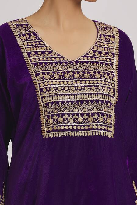 Shop Rahul Singh Purple Velvet Embroidery, Lace V-neck Kurta And Sharara Set Online at Aza Fashions Shop_Rahul Singh_Purple Velvet Embroidery, Lace V-neck Kurta And Sharara Set _Online_at_Aza_Fashions