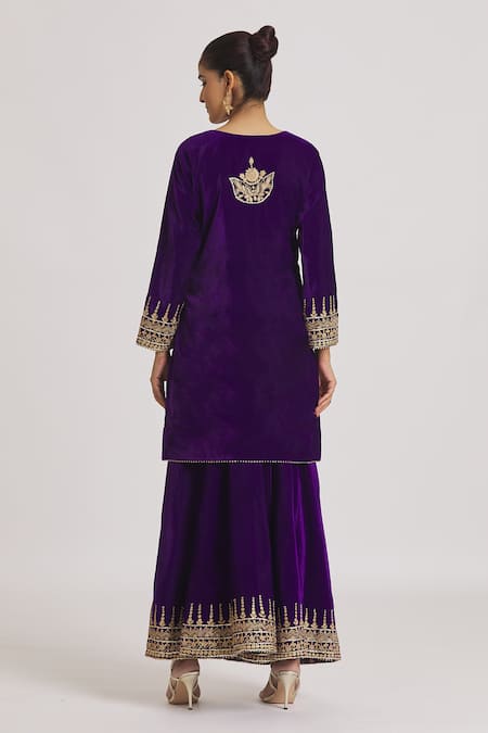 Rahul Singh Purple Velvet Embroidery, Lace V-neck Kurta And Sharara Set Online at Aza Fashions Rahul Singh_Purple Velvet Embroidery, Lace V-neck Kurta And Sharara Set _Online_at_Aza_Fashions