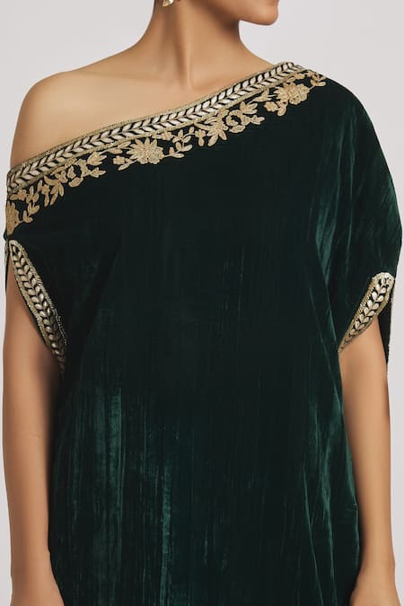 Buy Rahul Singh Green Velvet Embroidery One Shoulder Kurta And Pyjama Set Online at Aza Fashions Buy_Rahul Singh_Green Velvet Embroidery One Shoulder Kurta And Pyjama Set _Online_at_Aza_Fashions