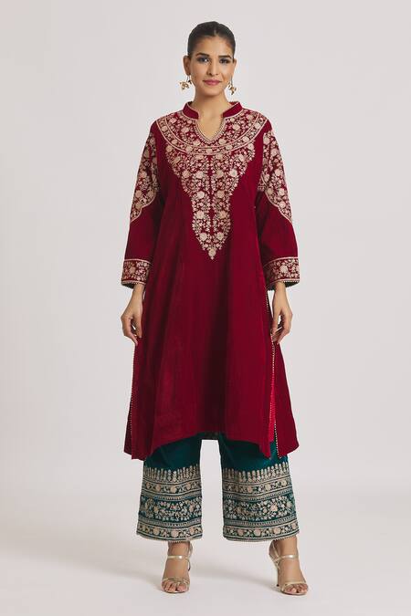 Buy_Rahul Singh_Red Velvet Embroidery Mandarin Collar Kurta And Pyjama Set _Online_at_Aza_Fashions