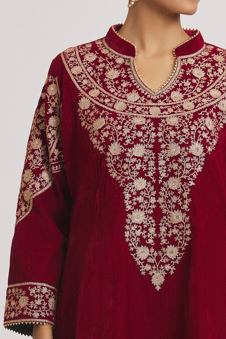 Shop_Rahul Singh_Red Velvet Embroidery Mandarin Collar Kurta And Pyjama Set _Online_at_Aza_Fashions