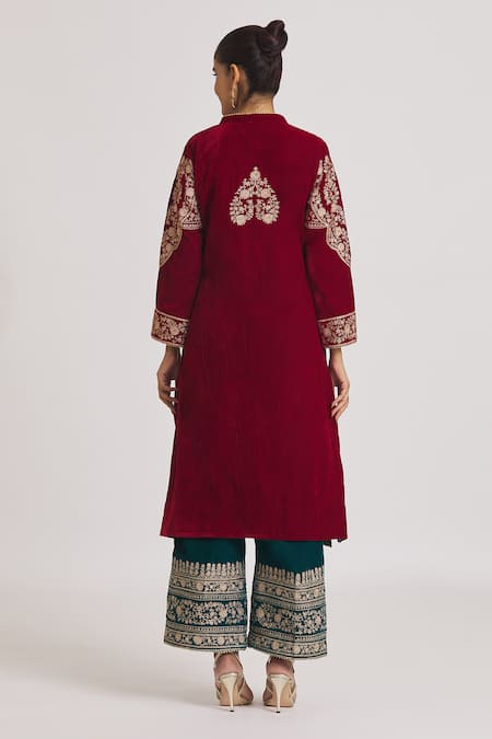 Rahul Singh_Red Velvet Embroidery Mandarin Collar Kurta And Pyjama Set _Online_at_Aza_Fashions