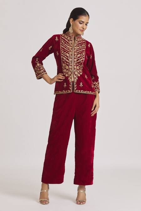 Buy_Rahul Singh_Red Velvet Embroidery Bandeau Neck Short Kurta And Pyjama Set _Online_at_Aza_Fashions